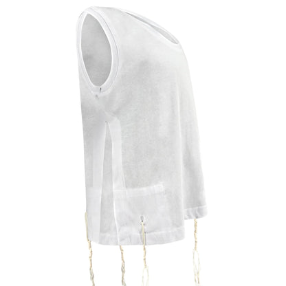 White sleeveless Tzitzit T-shirt on a white background