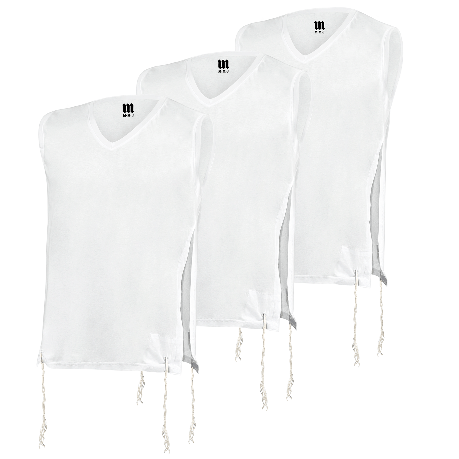 Three white sleeveless Dry-Fit Tzitzit undershirts with V-neck design, each featuring kosher-certified tzitzit strings at the corners and the MMJ logo printed inside the collar. Shirts are arranged in a staggered layout on a white background.