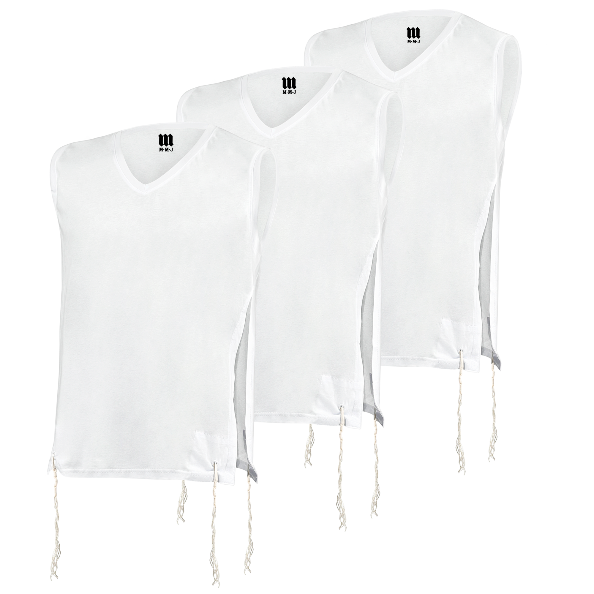 Three white sleeveless Dry-Fit Tzitzit undershirts with V-neck design, each featuring kosher-certified tzitzit strings at the corners and the MMJ logo printed inside the collar. Shirts are arranged in a staggered layout on a white background.