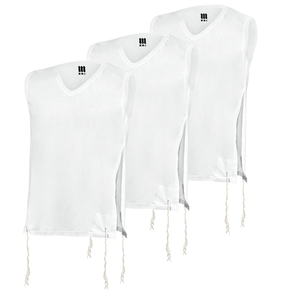 Three white sleeveless Dry-Fit Tzitzit undershirts with V-neck design, each featuring kosher-certified tzitzit strings at the corners and the MMJ logo printed inside the collar. Shirts are arranged in a staggered layout on a white background.