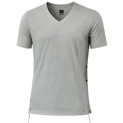 Front view of a light gray V-neck short-sleeve Tzitzit T-shirt made from breathable fabric, featuring black side buttons and white Tzitzit fringes hanging from the corners. The garment is displayed on a white background.