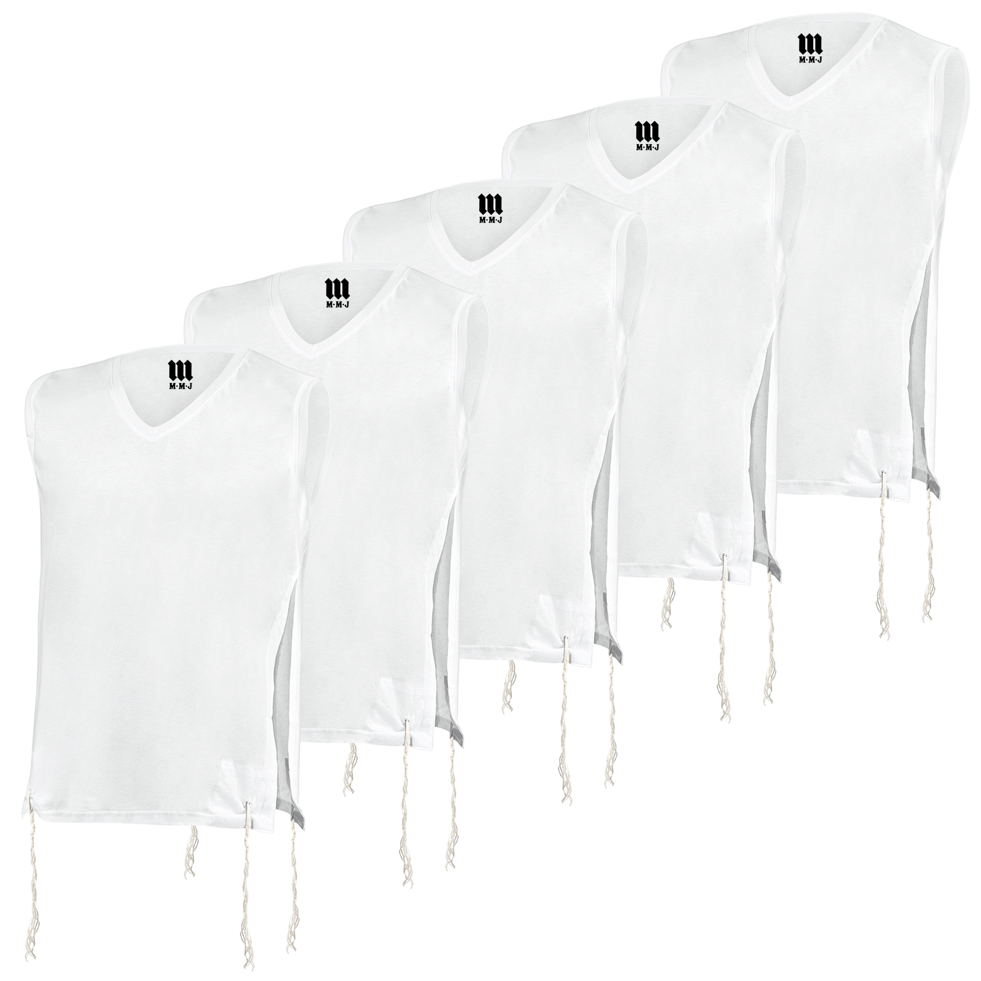 Pack of five white Tzitzit T-Shirt Vests displayed in a staggered arrangement. Each vest features a sleeveless V-neck design with  Tzitzit strings at the corners, and the MMJ brand logo printed on the inside neckline. Designed for daily wear and religious observance.
