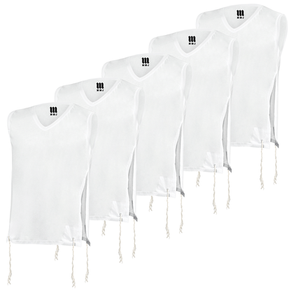 Pack of five white Tzitzit T-Shirt Vests displayed in a staggered arrangement. Each vest features a sleeveless V-neck design with  Tzitzit strings at the corners, and the MMJ brand logo printed on the inside neckline. Designed for daily wear and religious observance.