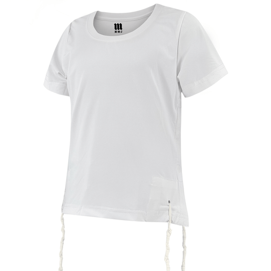 White boys Tzitzit t-shirt dry-fit with a MMJ logo on a white background