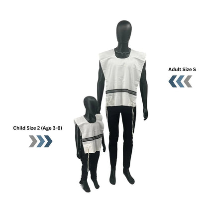 Side-by-side display of two black mannequins wearing white wool Chabad Tallit Katan garments with black stripes. The left mannequin represents a child size 2 (age 3–6), and the right mannequin shows an adult size small. Both garments feature kosher tzitzit strings hanging from the corners.