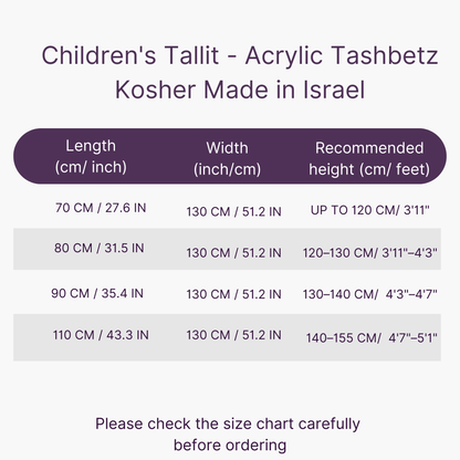 Children's Tallit size chart with dimensions and height recommendations on a white background