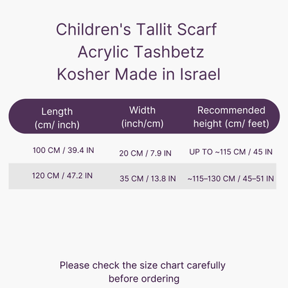 Children's Tallit Scarf size chart with dimensions and material details on a white background