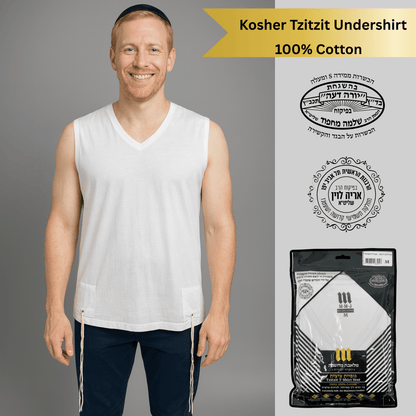 Man wearing a white kosher tzitzit undershirt with packaging and certification logos on a gray background.
