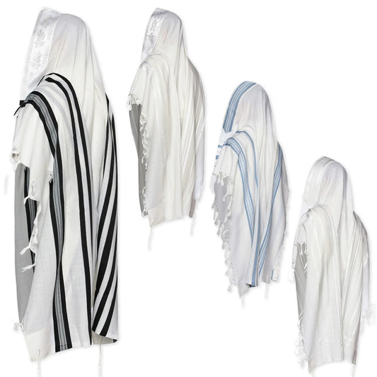 A collection of Mofet Wool Tallits in various designs, featuring stripes in different colors on a white base.