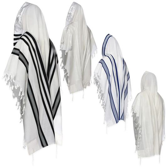 A collection of Mofet Wool Tallits in various colors, featuring a striped pattern and traditional religious symbols.