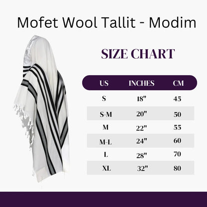 Moffet wool tallit - Modim size chart 