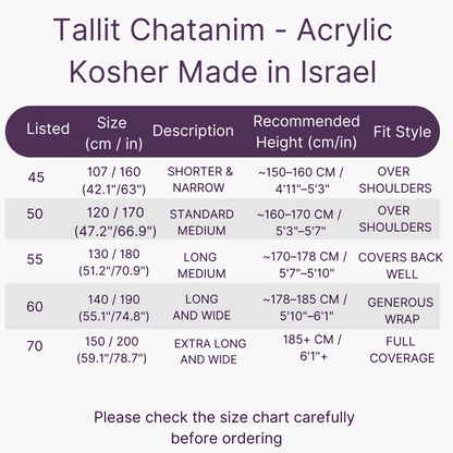 Size chart for Tallit Chatanim acrylic kosher prayer shawls made in Israel
