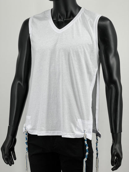 Front of white sleeveless Tzitzit undershirt on black mannequin with blue and white tzitzit strings at all four corners.