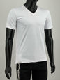 Front view of a white moisture-wicking Tzitzit T-shirt on a black mannequin. The shirt features a V-neck design, breathable mesh fabric, and visible Tzitzit strings hanging from the corners.