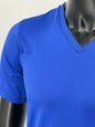 Close-up view of a blue V-neck Tzitzit T-shirt on a mannequin. The image highlights the breathable mesh fabric texture, neat stitching around the collar, and athletic cut of the shirt designed for comfort and active wear.