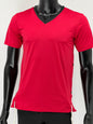 Red V-neck Tzitzit t-shirt on a black mannequin against a white background