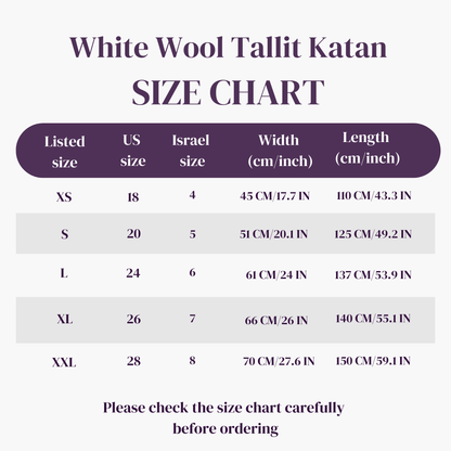 White Wool Tallit Katan size chart with listed sizes, US sizes, Israel sizes, width, and length measurements.