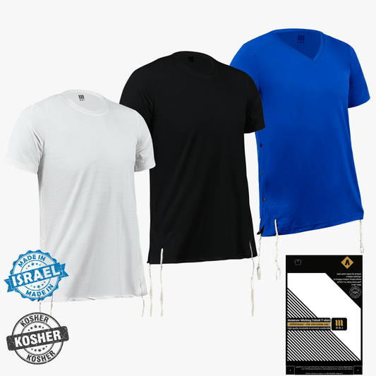 Three t-shirts in white, black, and blue with a kosher certification logo on a white background.