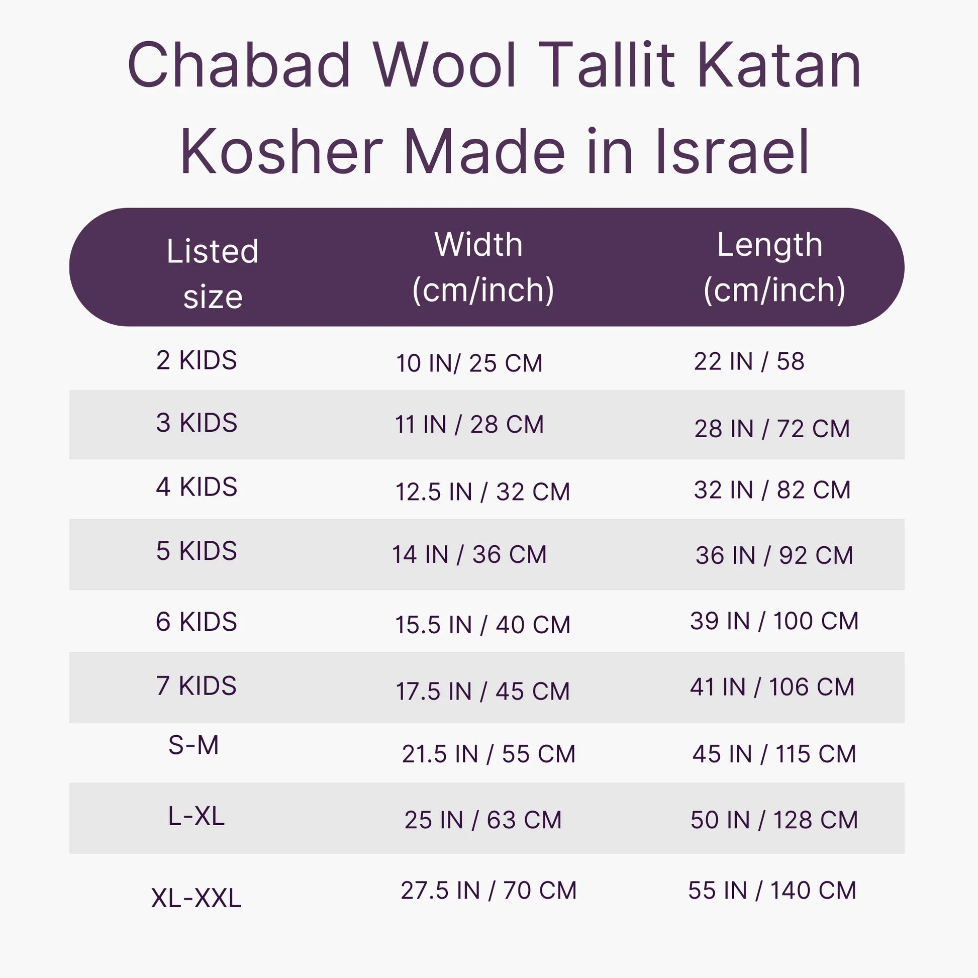 Measurement chart for Chabad Wool Tallit Katan sizes made in Israel