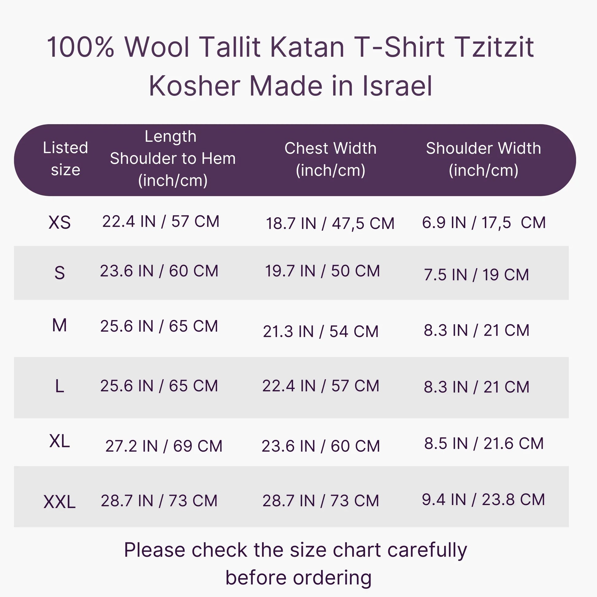 Size chart for a 100% Wool Tallit Katan T-Shirt Tzitzit with dimensions listed.