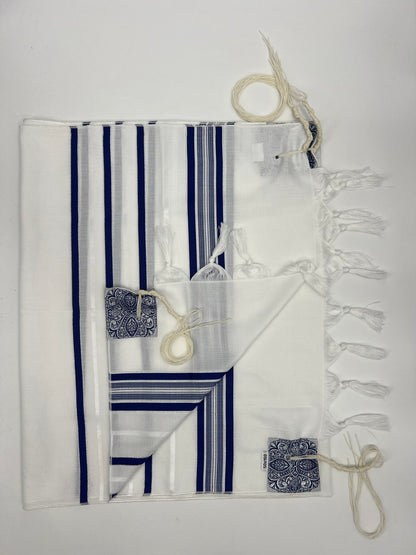 A tallit scarf with blue stripes and silver accents, displayed on a white background.