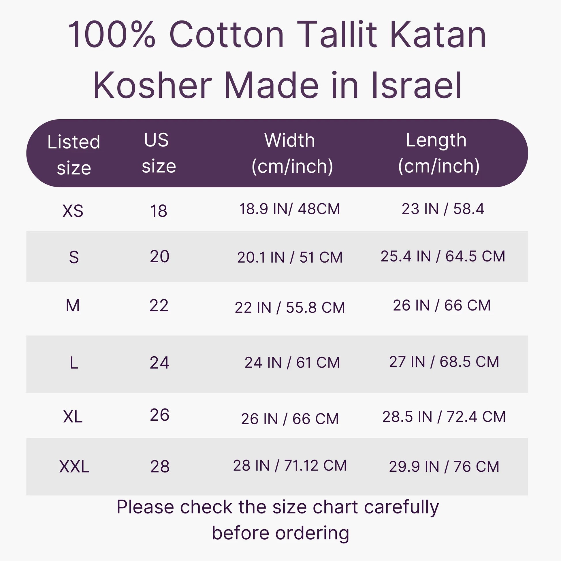 Size chart for 100% Cotton Tallit Katan Kosher with dimensions in centimeters and inches.