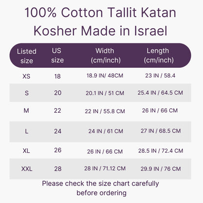 Size chart for 100% Cotton Tallit Katan Kosher with dimensions in centimeters and inches.