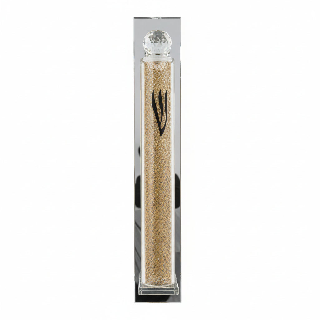 Crystal Mezuzah Case with Gold Design – Modern Jewish Door Mezuzah