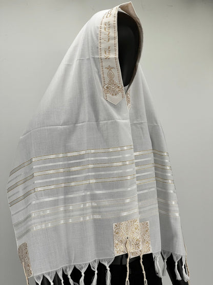 A tallit scarf with gold and white stripes and silver accents, displayed on a white background.