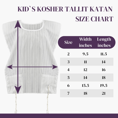 Size chart for a kids' kosher tallit katan with measurements in inches.
