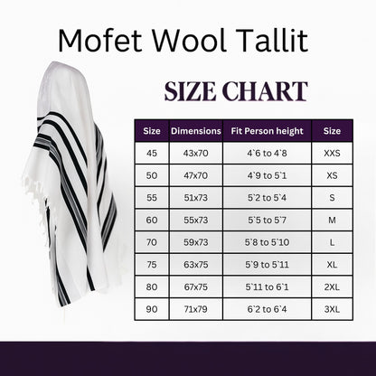 Mofet Wool Tallit size chart with a white tallit with black stripes on a white background