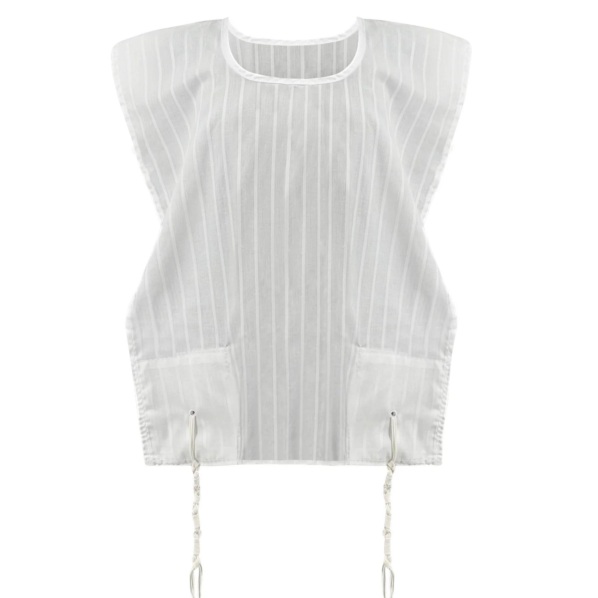 White sleeveless  Tzitzit T-shirt with thin stripes on a white background