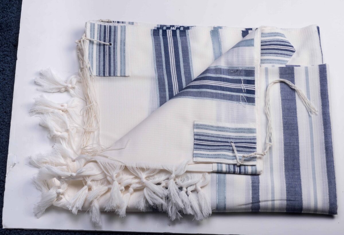 Modern Non Slip Blue Bareket Wool Tallit by Mishkan HaTekhelet with Thick Hand-Spun Sephardic Tzitzit