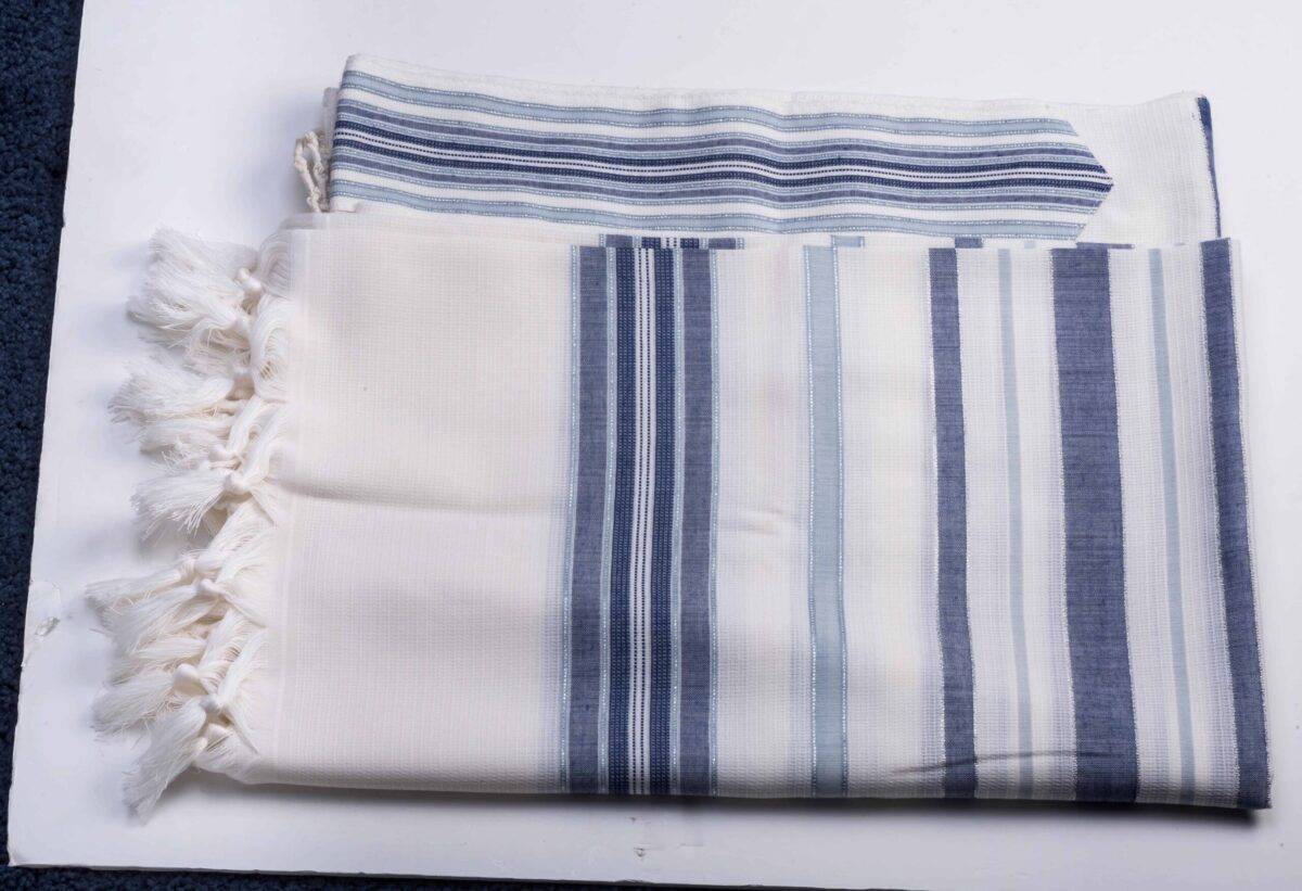 Modern Non Slip Blue Bareket Wool Tallit by Mishkan HaTekhelet with Thick Hand-Spun Sephardic Tzitzit