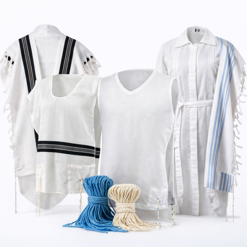 Wool tallit, tallit katan, tzitzit undershirt, kittel and tzitzit strings from VeAhavta Judaica